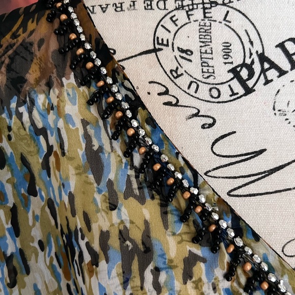 Vneck beaded collar sheer colorful top blouse cinched waist cover up one size - Picture 7 of 7